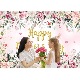 LYCGS 7X5ft Happy Mother's Day Backdrop Pink Watercolor Flowers Mother's Day Photo Background Mother's Day Photography Backdrops Mother's Day Party Decoration Banner X-229