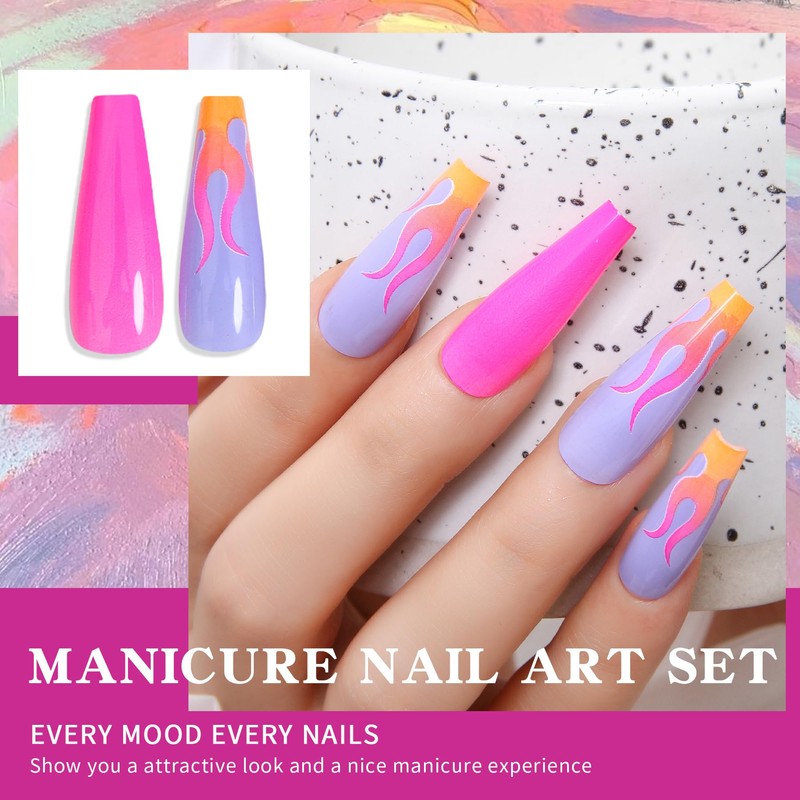 French Coffin Nails Fire Flames Shiny Fake Nails Wildfire Fluorescent