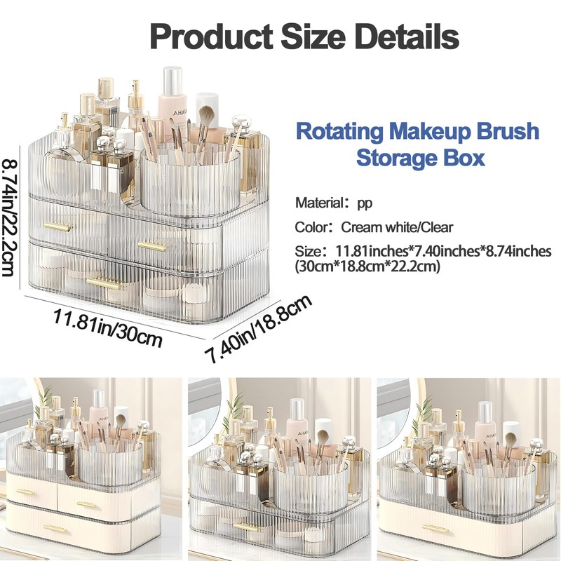 DASITON Makeup Organizer with Drawers and Rotating Makeup Brush Holder,Large