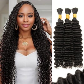 16 Inch Water Wave Braiding Hair 100g 2 Bundles No Weft Bohemian Curly Hair for Knotless Braids Brazilian Virgin Hair Natural Black (16In,1B)