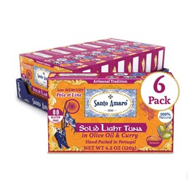 Santo Amaro - Artisanal Wild Tuna Fillets in Olive Oil & Turmeric Curry, Pole & Line Caught from Portugal, Hand-Packed Goa-Style Natural Canned Tuna, 22g Protein, Keto, 124 Cal, Low Mercury, Pack of 6