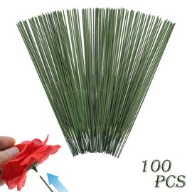 Vignor 100 Pcs Floral Wire Artificial Flower Stem Metal Bendable Plastic Fake Rose Stick Flores Eterna Twisting Rod Arrangement Supplies Wrapping DIY Craft (10 inch / 25 cm, Dark Green)