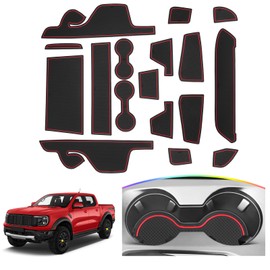 SKTU Door Slot Mat for 2024 Ford Ranger Door Groove Gate Pad Ford Ranger 2024 Accessories Fit 2024 Ranger (XL/XLT/Lariat/Raptor) Door Compartment Cup Center Console Liners (17Pcs Red)