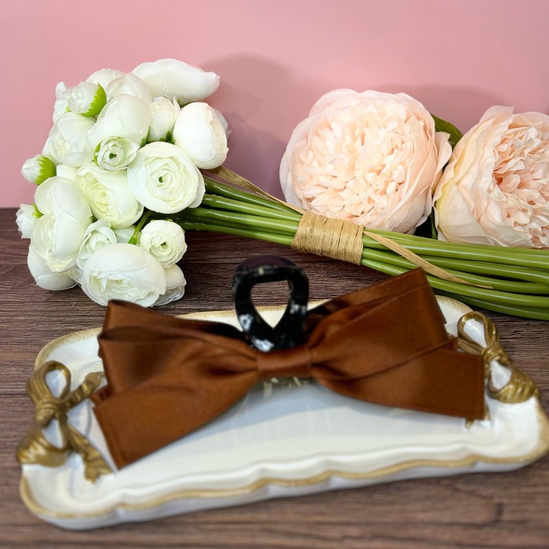 Hair Claw Clips with Satin Bows, Set of 2, Brown