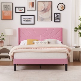 VECELO Upholstered Platform Queen Bed Frame with Fabric Headboard,Wooden Slats Support/No Box Spring Needed/Mattress Foundation,Pink
