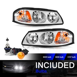 Bingbingmotor BRYGHT Headlight Assembly Fit For 2000-2005 Chevy Impala Passenger and Driver Side, Chrome Housing with Amber Reflector (Bulbs Included)