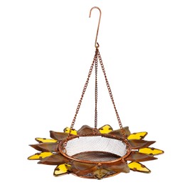 Evergreen Garden Floral Wire Birdfeeder - 11.5 x 12 x 11.5 Inches - Metal and Glass Bird Feeder in Sunflower Design Hanging Tree Birding Decor for Garden and Yard