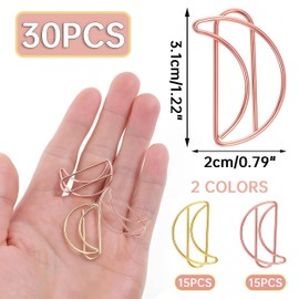 30 Pcs Moon Shaped Paper Clips Set in Gold & Rose Gold, Metal Cute Paperclips Bookmarks Planner for Office and School File Organization, Party and Wedding Decor