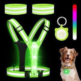 Mexlyca LED Reflective Vest Safety Gear, High Visibility Reflective Running Gear for Dog Walking Running Cycling, Adjustable for Men Women Kids - Reflective Armband and Dog Light with USB Rechargeable