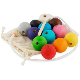 Ulanik Threading Game Beads Large, Montessori Toy from 3 Years, Baby Beads for Threading, Game for Counting and Sorting, Learning Colours - 12 Wooden Balls, Colourful