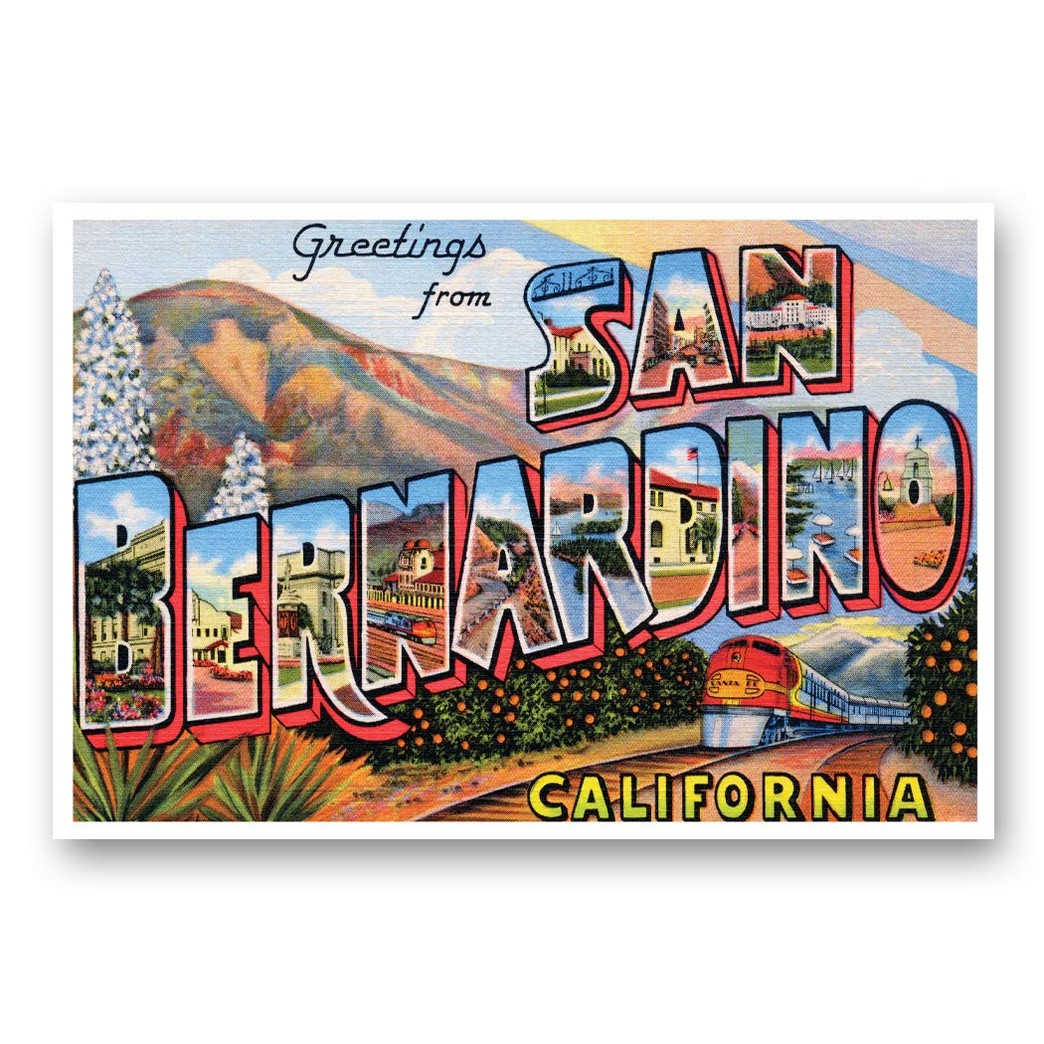 GREETINGS FROM SAN BERNARDINO, CA vintage reprint postcard set of 20 identical postcards. Large Letter San Bernardino, California city name post card pack (ca. 1930's-1940's). Made in USA.