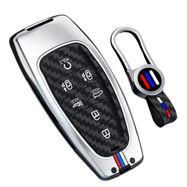 TECART 7 Button Carbon Texture Key Fob Cover with Keychain,Luminous Strip Key Case shell Fit for 2025 2024 2023 2022 Hyundai Sonata Santa Fe Nexo Tucson Palisade Car Key Fob Protector Silver