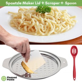 Pleased Pickle Spaetzle Maker Lid and Scraper – 12.8 x 10.2 ", Food-Grade, Stainless-Steel, German Egg Noodle, Swiss Knoepfle Dumpling Maker - with Slotted Spoon