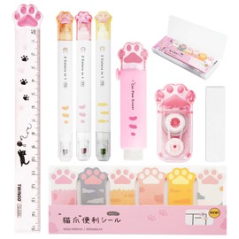 Mulaibdin Cat Stationery Set, Cute Stationery Kawaii, Retractable Erasers for Kids, Correction Tape Aesthetic, Cat Paw Ruler 15cm, Cute Pens, Sticky Notes Cute, School Supplies for Girls (Pink)