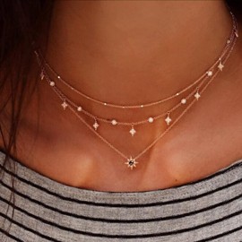 Aneneiceera Boho Layered Shining Rhinestone Necklace Tassel Star Choker Gold Crystal Star Pendant Necklace Multi Layered Vintage Necklace Chain Jewellery for Women and Girls