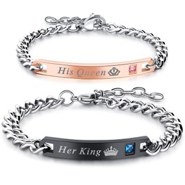 Gleamart 2PCS His Queen Her King Couple Bracelet Set Matching Love Crown Bangles Engraved Bracelets for Valentine's Day Anniversary Black with Rose Gold