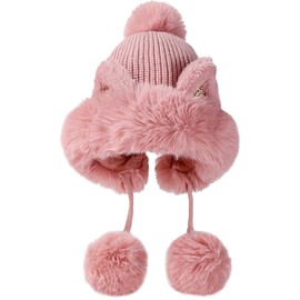 Malaxlx Womens Winter Pink Faux Fur Cat Ear Pompom Beanie Hat Knit Earflap Hat Warm Peruvian Hat Skull Cap Outdoor Ski Cap