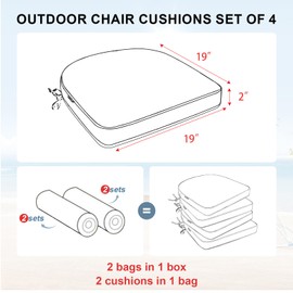 Favoyard Outdoor Chair Cushions 19"x19"x2" Set of 4 Waterproof Seat Cushion for Patio Furniture with 3-Year Fade Resistant Removable Cover Attach Straps Hidden Zipper Round Corner for Yard Garden