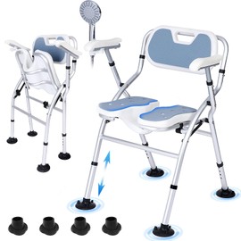 Extra Wide Foldable Shower Chair with U-Shaped Seat for Easy Feminine Hygiene, Adjustable Height Bath Seat with Padded Back Support for Elderly, Disabled, Seniors - Heavy Duty 350 lbs Capacity (Grey)