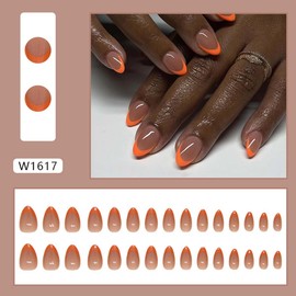 Orange French Tip Press on Nails Short Almond Fake Nails Pink False Nails Press ons with Designs Acrylic Nails Full Cover Glossy Glue on Nails Stick on Nails for Women Nails Decorations 24 Pcs