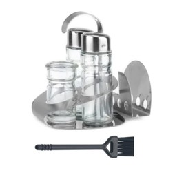 WRENYZK Four-in-One Salt and Pepper Shakers Set with Toothpick and Napkin Holder，Condiment Holder with a Cleaning Brush, 1 Funnel, Cruet Set of Modern and Functional for Restaurants, Household