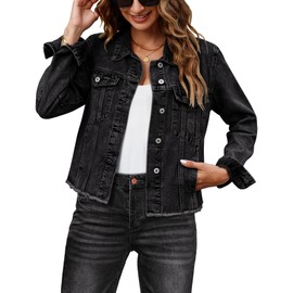 luvamia womens jean jacket distressed womens black jean jacket black denim jacket for women western concert outfit dress jackets for women Graphite Black Size X-Large Fits Size 16 18