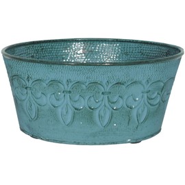 Robert Allen MPT01893 Fluer De Lis Series Metal Bowl Planter Flower Pot, 8", Color Surf Blue