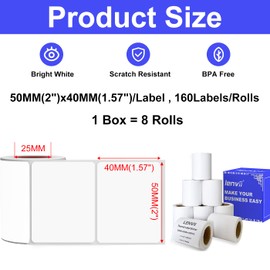 LENVII 50 mm x 40 mm White Direct Thermal Label Stickers, 2 x 1.57 Inch Thermal Labels, Waterproof/Oil Resistant/Friction Resistant for Portable and Desktop Label Printers (1 Roll 160 Pieces / 8