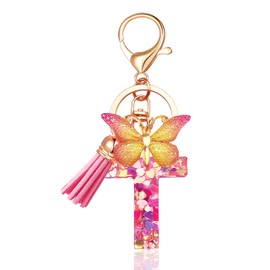 JINGUAZI Initial letter Keychains for Women Tassel Butterfly Pink Purple Cute Car Keychain for Wallet Backpack bag charm, T-pink, Keychains