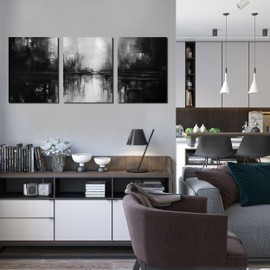 TYTAUPT Abstract Painting Canvas Wall Art for Office,Black and White Wall Decor for Bedroom,3 Piece Wall Art Living Room 12 x 16 Inch Each Panel