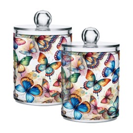Kigai Colorful Butterfly Watercolor Qtip Holder 14OZ Clear Plastic Apothecary Jars Bathroom Canister Dispenser Organizer Vanity Storage Jar with Lid for Cotton Ball, Cotton Swab, Floss (2PACK)