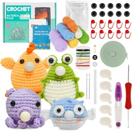 Crochet Kit for Beginners, Complete Animals Crochet Starter Kits,DIY Crochet Knitting Kit Accessories with Step-by-Step Instructions and Yarns, Hook for Adult (4PCS)