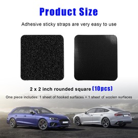 Dickno 10 PCS Hook and Loop Mounting Strips with Adhesive, 2"×2" Heavy Duty Tape Strip, Multi-Purpose Carpet Rug Fastener Mounting Tape for Power Strip, Car Sun Visor, Floor Mat