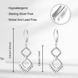 925 Sterling Silver Dangle Earrings for Women, ALEXCRAFT Dangling Drop Handmade Geometric Hammered Square Earring Trendy Leverback Dangly Handcrafted Minimalist Unique Earings Hypoallergenic