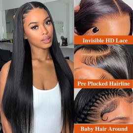 13x6 Lace Front Wigs Human Hair for Women 180 Density HD Transparent 24 Inch Straight Lace Front Wigs Human Hair Pre Plucked Glueless Lace Frontal Wigs Natural Black Color