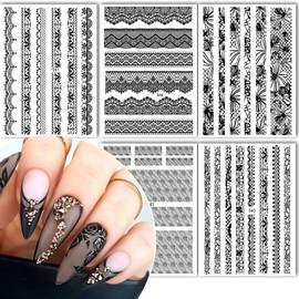 Black Lace Nail Stickers 3D Lace Nail Art Sticker Decal Lace Dots Flower Self-Adhesive Nail Design for Nail Acrylic Nail Decoration for Women Manicure Decor 6 Sheets