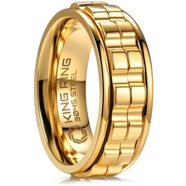 King Ring 8mm Wide Gear Spinner Ring – Ultra Polished Heavy Fidget Ring for Men & Women Stainless Steel Ring K42 – Gold 10