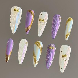 NailVesta DreamWear Collection – 100% Handcrafted 3D Press-On Nails | Reusable, Long-Lasting, Salon-Quality:_Violet Seashell_S