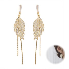 MEXRUMI 1 Piece Long Tassel Earrings Leaves Rhinestone Crystal Tassel Earrings Elegant Golden Stud Earrings For Women Bridal Drop Dangle Earrings Wedding Jewellery