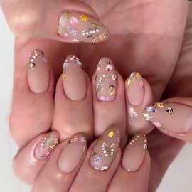 Flower Press on Nails Medium Almond Fake Nails with Designs Summer Spring Floral False Nails Glossy Cute Gel Acrylic Nails Medium Length Glue on Nails Full Cover Stick on Nails for Women 24Pcs