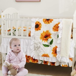 Brandream Girls Crib Bedding Set Floral Nursery Bedding Yellow White Sunflower Baby Blanket 3 Piece,Farmhouse Fitted Sheet, Ruffle Skirt