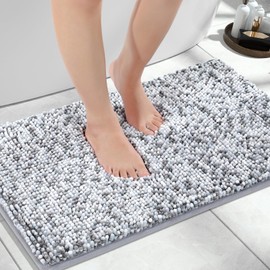 Yimobra Luxury Bath Mat, 28''x 17.5'', Extra Soft Chenille Bathroom Rugs, Non Slip, Fluffy Plush Shaggy Matts for Bathroom Floor&Sink, Water Absorbent, Machine Washable, Light Gray & Dark Gray