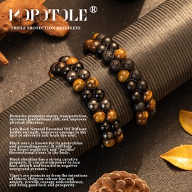 MOROTOLE Triple Protection Bracelet, Mens Bracelet Tiger Eye Mens Bead Bracelet Bracelet Adjustable Stretch Lava Rock Bracelets Set Black Crystal Beaded Bracelets for Men Gifts