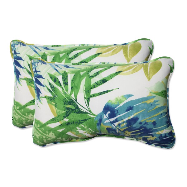 Pillow Perfect Tropic Floral Indoor/Outdoor Accent Throw Pillow, Plush Fill, Weather, and Fade Resistant, Lumbar - 11.5" x 18.5" , Blue/Green Soleil, 2 Count