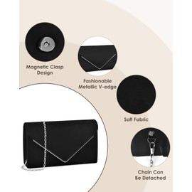 ERKOON Clutch for Wedding, Clutches, Evening Bag, Clutch Bag, Formal Party Handbag for Wedding, Party, Cocktail, Prom, Shoulder Bag, Faux Suede with Removable Chain, black