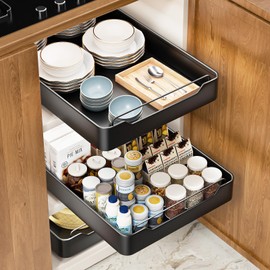 Pull Out Cabinet Organizer Fixed With Adhesive Nano Film, Heavy Duty Slide Out Pantry Shelves, Sliding Drawer Pantry Shelf for Kitchen, Living Room, Home,12.2" W x16.9 D x 2.75" H (Black)