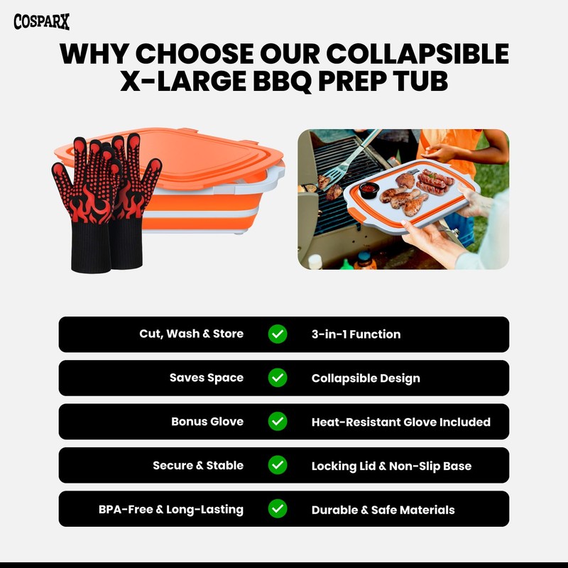 XL Collapsible BBQ Prep Tub with Cutting Board & Drain