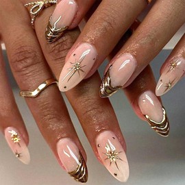 3D Gold Stripe French Tip Press on Nails Star Rhinestones Fake Nails for Women Medium Almond Ballerina Glue on Nail Glossy Acrylic Stick on Nail