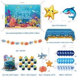 Happy Birthday Decorations For Women Men,Birthday Backdrop,Banner Balloons,Table Cloth,Paper pom poms Party Supplies for Girls Boys (Sea)