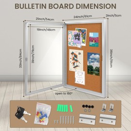 YOKUGO Enclosed Bulletin Board Weatherproof 36"x24", Outdoor Lockable Noticeboard with Glass Locking Door, Silver Aluminum Frame Locking Display Case with Cork Board, Tamper-Proof